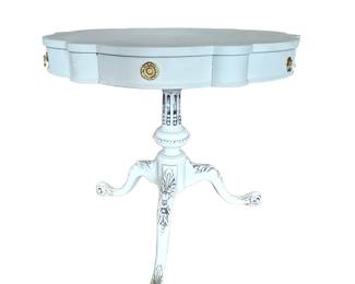 Antique Petal Top Pedestal Hall Table on Three Legs - Painted Gray w/ One Drawer&nbsp; 36" Diameter Top.