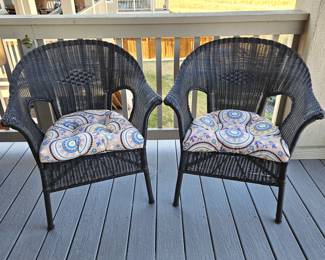 Set of Two Quality Construction Wicker-Look Patio Chairs w/ Wing Back - Brown Color with Thick Seat Cushions