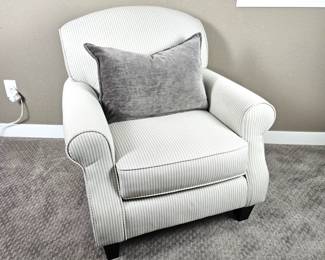 Upholstered Arm Chair, Off-White with Gray Pin-Stripes w/ Gray Velvet Throw Pillow (Two Available/Sold separately)