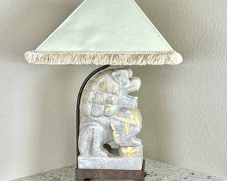 Impressive HEAVY solid (Stone or Ceramic)? Asian Style Dragon Table Lamp Sitting in an Iron Base w/ Fringed Shade