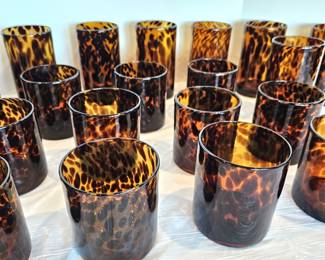 Set of Tall and Short Hand Blown Tortoise Shell Drinking Glasses From Pier 1 - Ten Tall and Eleven Short