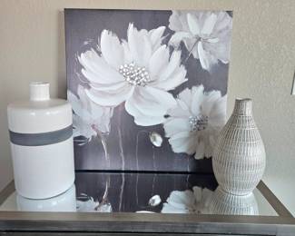 Crate & Barrel White Ceramic Vases Plus Floral Wall Art 24" x 24" on Stretched Canvas - Black & White Theme