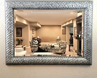 Very Large Wall Mirror with Scale-Like Textured Painted Wood Frame - 6" Thick Frame, w/ Beveled Mirror