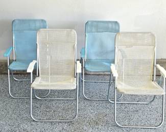 Set of Four Vintage-Look Woven Lawn Chairs "Styling" Brand - Two Blue and Two Cream - Good Condition