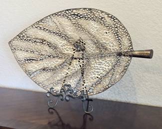  Pretty & Large Footed Leaf Platter / Decor in Various Shades of Metals, Silver and Brass Tones Shown on Easel