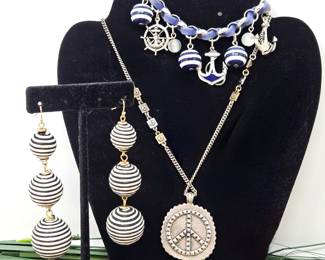  Nautical Charm Bracelet, Peace Sign Necklace and Striped Dangle Earrings All in Silver Tone