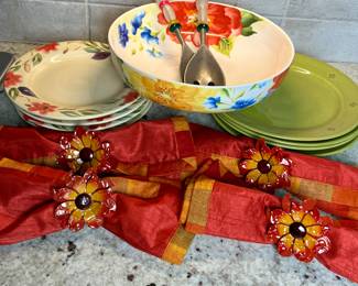 Pier 1 Imports Ceramic Plate Set for 4 & Large Salad Bowl + Beaded Pewter Salad Servers