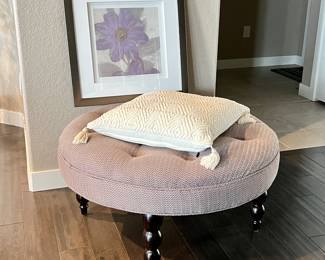 34” Round Ottoman, Pier 1 Throw Pillow, Framed Floral Wall Art