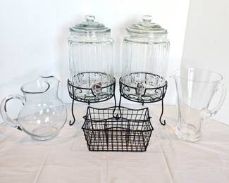 Set of Two Tap Drink Dispensers on Black Stands Plus Two Glass Water Pitchers and Napkin/flatware Caddy