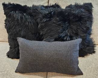 Lot of Three Throw Pillows- Two 18" Faux Black Fur w/ Down Pillow Inserts + One 18" Lumbar Pillow
