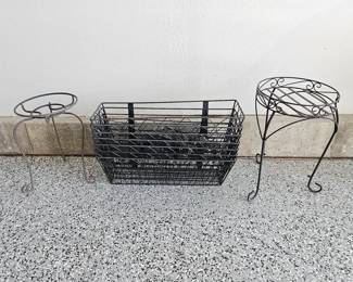 Set of Metal Planters - Two Round Plant Stands on Legs Plus Seven Railing Iron Planters 8" x 24"L (W/ Hardware)
