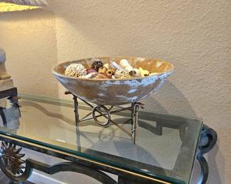  Large Ceramic Centerpiece Bowl on Tri-pod Iron Pedestal - 17.5" Diameter 10" Tall - Wood-Like Appearance