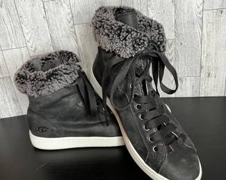 UGG Starlyn Women’s Sz. 10 High Top Sneaker Boots in Black Leather and Sheepskin