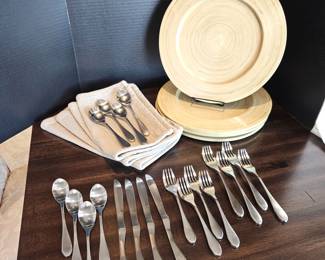 Place Setting for Four - Pier 1 Chargers in Beige Tones - Napkins & Four ( 5-pc) Place Settings of Knork Flatware.