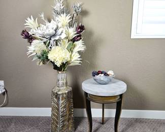 Small Round Occasional Table w/ Painted Wrought Iron Base & Painted Wood Top w/ Large 56" Floral Arrangement