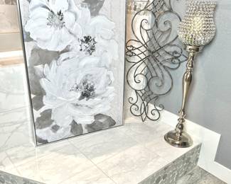 Lot of Three Decor Items in Silver Tones - Framed Canvas Art, Metal Wall Decor, & Tall Candle Holder