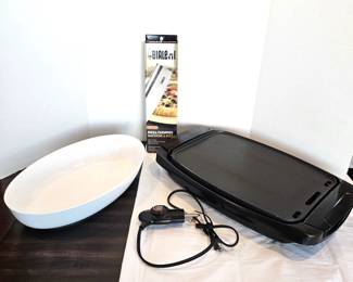 Sur La Table White Porcelain Oval Casserole Serving Bowl Plus Food Network Electric Grill & New Pizza Chopper&nbsp;