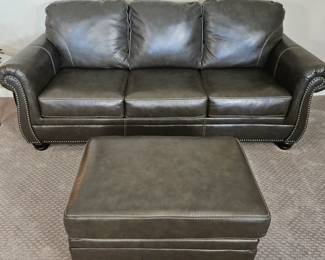  Dark Charcoal Gray Sofa Couch PU Leather Studded Accents Light Gray Stitching 87"L x 37"D w/ Ottoman