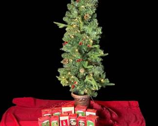 Several Hallmark Keepsake Christmas Ornaments and Small 36" Pre-lit Tree