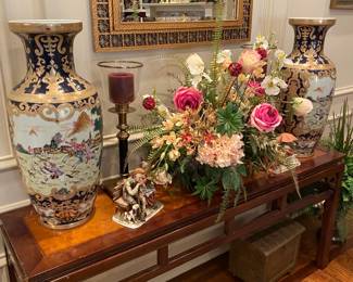 Asian Style Sofa Table, Matching Pair of Large Asian Vases, Brass and Black Marble Pair of Candle Sticks, Large Gold Gilt Mirror