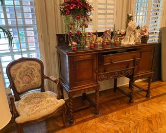 Antique English Oak Buffet, hand carved cherubs, twisted barley legs, Department 56 village,  Matching Pair of Antique Needle Point Chairs, Vintage Mr Santa Marching Band