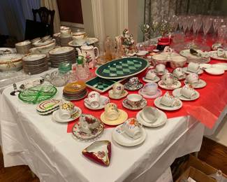 Green Depression Glass, Tea Cup Collection, Crystal Stemware, Large Holiday Platters