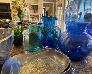 Aqua and Blue Water Pitchers, Pewter serving platters