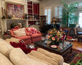 Beautiful Living Room, Feather Stuffed Matching Sofa's, Pink Side Chairs, Crystal, Flora Arrangements