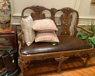 Carved Settee with Brown Leather 