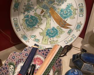 Large Asian Style platter, made in Japan, Gold Imari, Vintage fans, 