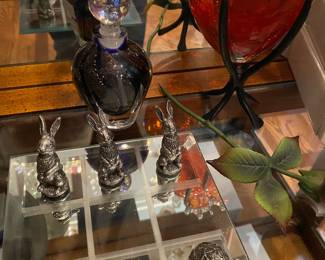 Pewter Cabbage and Rabbit tick tack toe game, Purple and Gold vintage perfume bottle by Silverstin, Hand blown red glass heart