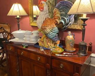 Ceramic Rooster, 30 inches tall, made in Italy, Intrada, Cherry Buffet by Hickory, Large gold tone Mirror, white Soup Terrine by Pottery Barn, Soup Bowls by Crate and Large White Platter by, Soul La Table 