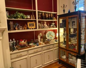 Assortment of decorative boxes and music boxes, Asian Style curio cabinet filled with crystal, Oil painting of Rabbit  