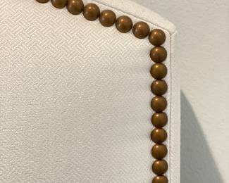 Mandarine Sourced Off-White Herringbone Upholstered Queen Bed Frame with Nail Head Trim. Height Measures 56" H. Photo 4 of 6.