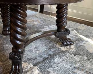 Vintage Walnut Finish 54" Round Jacobean Style Dining Table with Barely Twist Legs and Claw Feet. Extends to 93" with 4 Leaves. 29" H with 4" Apron. Photo 7 of 9.