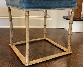 Baker Furniture Gilt Faux Bamboo Frame Bench with "Stormy Ocean Blue" Faux Mohair Performance Fabric. Each Measures 19" x 19" with 19" Seat Height. Some Wear. Photo 1 of 4.