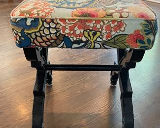 Ebonized Wood Frame Bench Upholstered In Schumacher Chiang Mai Dragon Aquamarine Fabric. Has Some Wear. Measures 21" x 18" x 20" Seat Height. Photo 1 of 2.