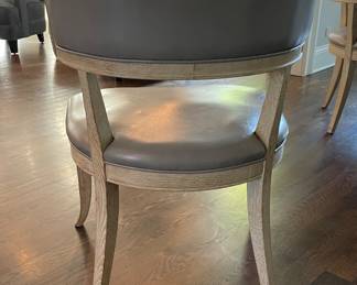 Set of 5 Global Views Klismos Dining Chairs with Grey Leather Upholstered Seats & Weather Oak Frames. Each Measures 25" W x 22" D x 34" H with 19" Seat Height. Photo 3 of 5.