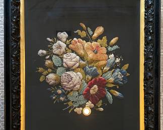 Shadow Box Framed Antique Needlepoint Floral Bouquet. Measures 26" x 30."