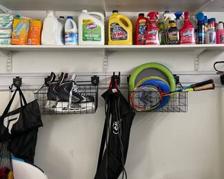 Frisbees, Rakes, Household Cleaning Supplies, Badminton Set.