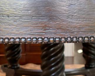 Vintage Walnut Finish 54" Round Jacobean Style Dining Table with Barely Twist Legs and Claw Feet. Extends to 93" with 4 Leaves. 29" H with 4" Apron. Photo 4 of 9.