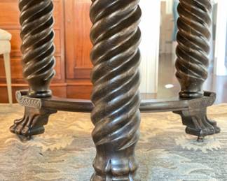 Vintage Walnut Finish 54" Round Jacobean Style Dining Table with Barely Twist Legs and Claw Feet. Extends to 93" with 4 Leaves. 29" H with 4" Apron. Photo 8 of 9.