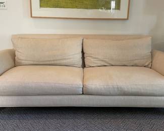 Custom-Designed Two-Seat Down Filled Sofa Upholstered In A Neutral Oatmeal Colored Heavy-Duty Linen Fabric. Measures 88" W x 38" D. Photo 1 of 4.