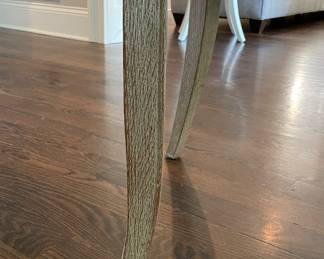 Set of 5 Global Views Klismos Dining Chairs with Grey Leather Upholstered Seats & Weather Oak Frames. Each Measures 25" W x 22" D x 34" H with 19" Seat Height. Photo 5 of 5.