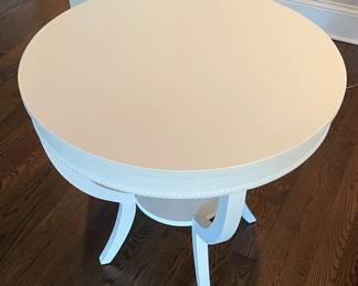 Jayson Home White Wood Side Table with Dentil Trim. Measures 28.5" H x 30" D. Photo 2 of 3.
