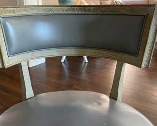 Set of 5 Global Views Klismos Dining Chairs with Grey Leather Upholstered Seats & Weather Oak Frames. Each Measures 25" W x 22" D x 34" H with 19" Seat Height. Photo 4 of 5.