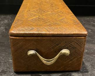 Greek Key Leather Embossed Box. Measures 14" W x 5" W x 3.5" H. Photo 3 of 3.