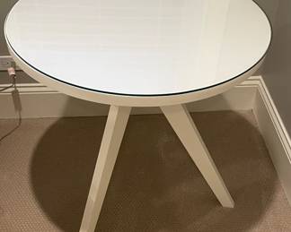 Vintage White West Elm Tripod Side Table With Glass Topper - 2 Available. Each Measures 30" D x 30" H. Photo 2 of 3.