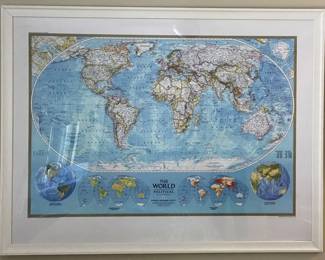 Framed World Map. Measures 51" x 39".