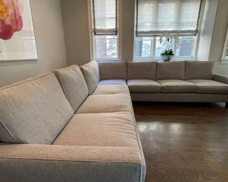 Mandarine Home-Sourced Sectional Sofa Upholstered In Crypto Grade III Fabric Performance Fabric in "Atmosphere." Tapered Legs are in Espresso Finish. Measures 120" x 120" x 40" D. Photo 1 of 4.